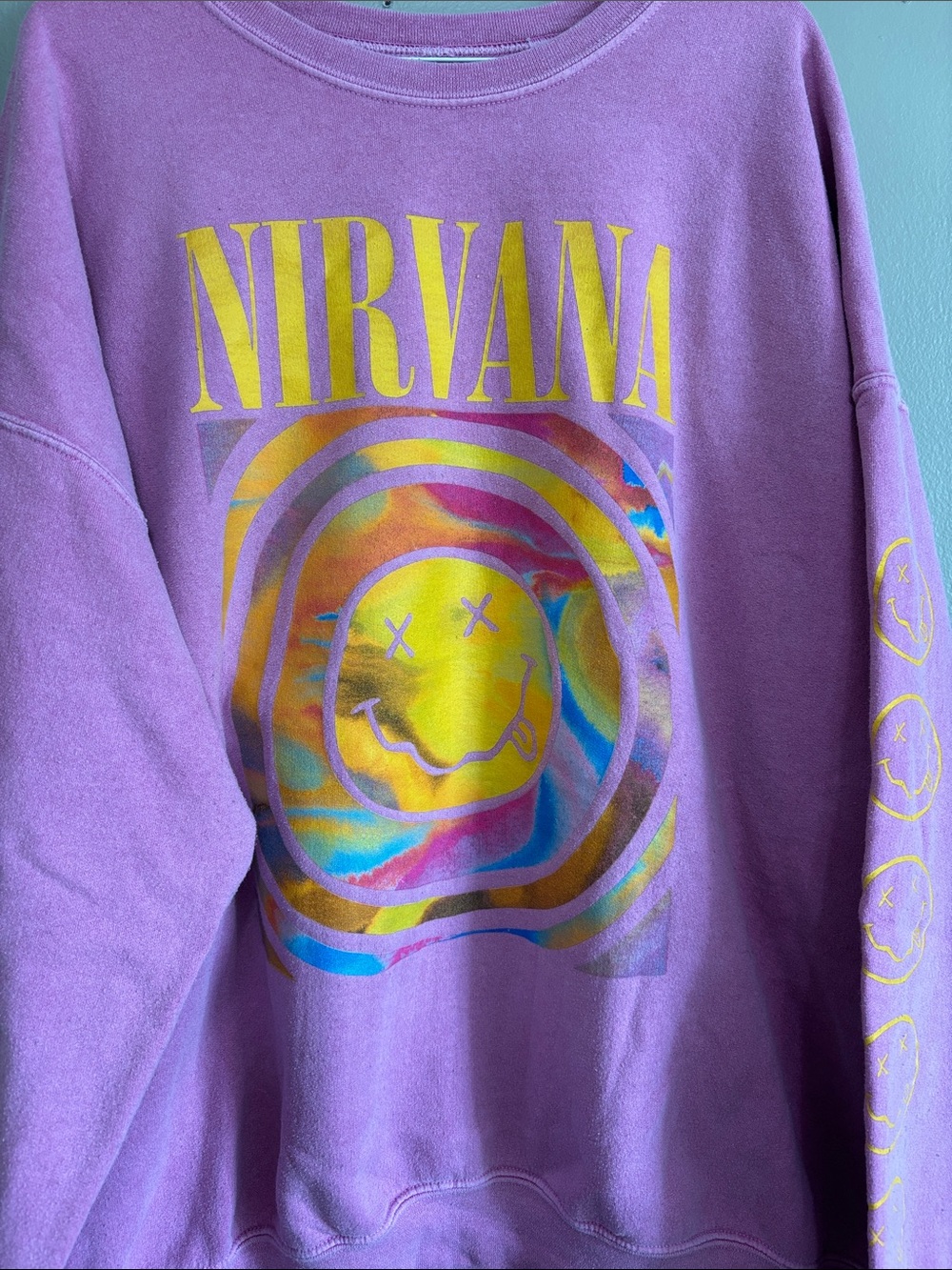 Urban Outfitters Pink Crewneck Sweatshirt NIRVANA with Yellow Graphic